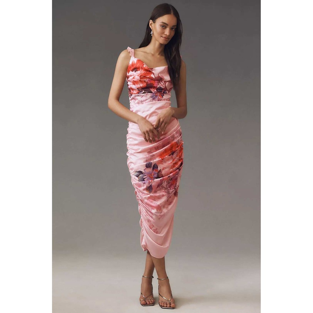 BHLDN Callie Sleeveless Floral Ruched Charmeuse Satin Midi Dress Small Pink